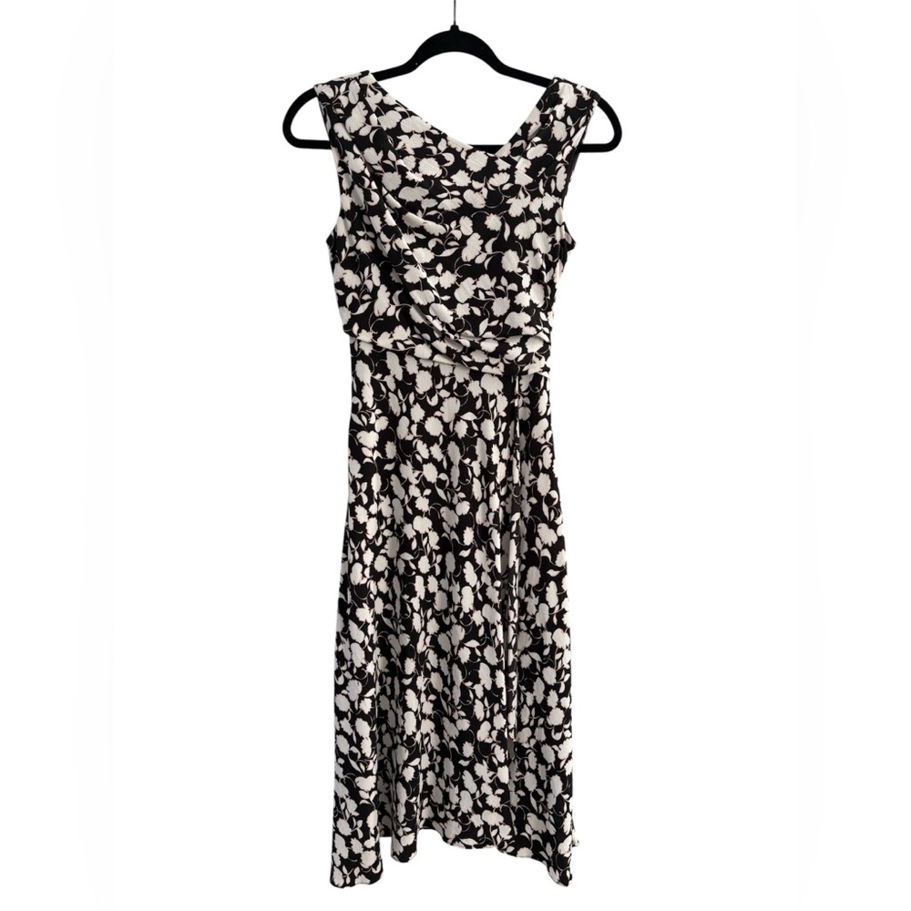 Adrianna Papell Black White Floral Draped Sleeveless Midi Dress Size 0